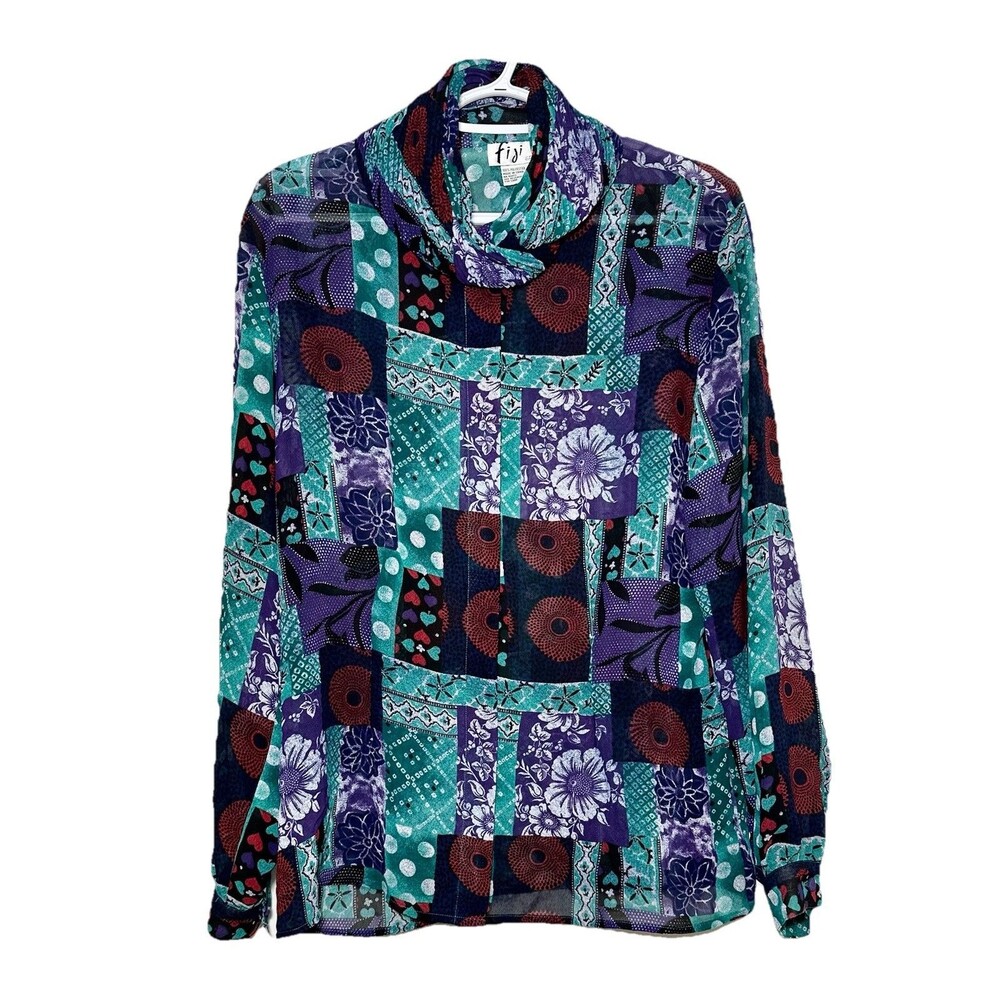 Vintage 90s Patchwork Blouse Cowl Neck Abstract Floral Top M